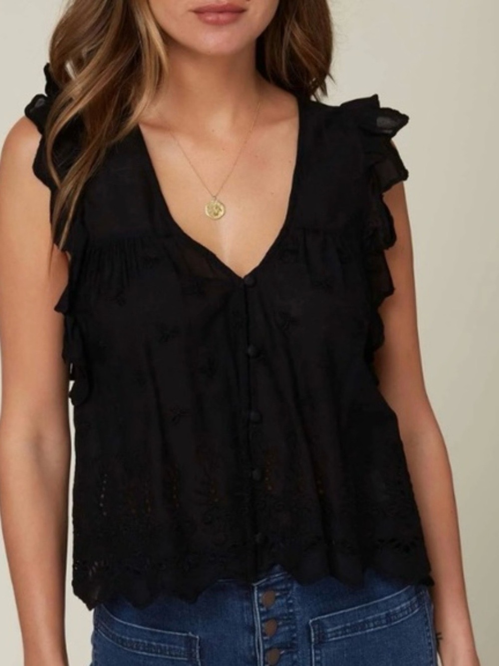 O'Neill Black Embroidered Ruffle Sleeve V-Neck Top